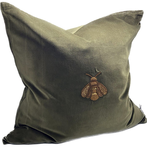 Embroidered Bee Cushion - Olive
