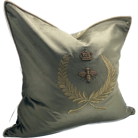 Embroidered Emblem Bee Cushion - Olive