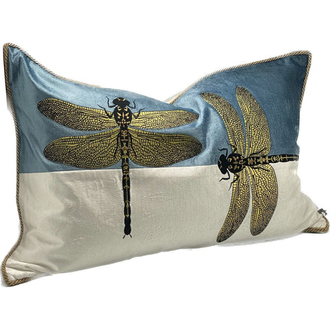 Embroidered Dragonfly Cushion - Blue and Ivory