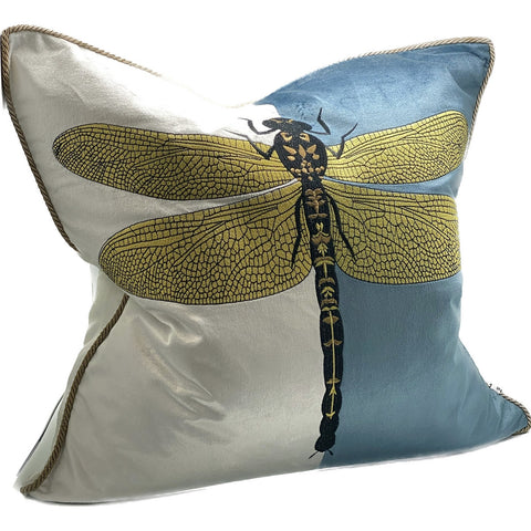 Embroidered Dragonfly Cushion - Blue and Ivory