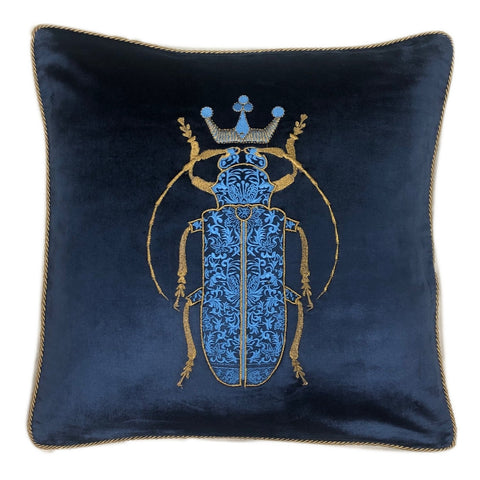 Embroidered Beetle Cushion - Blue