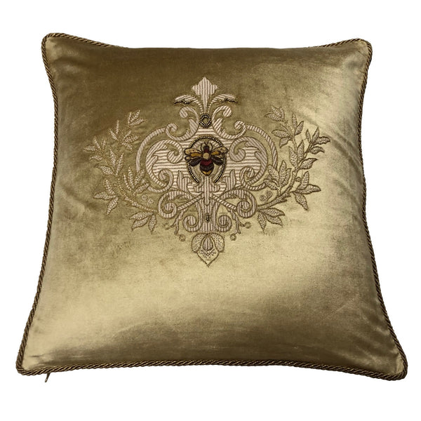 Embroidered Bee Wreath Cushion - Gold