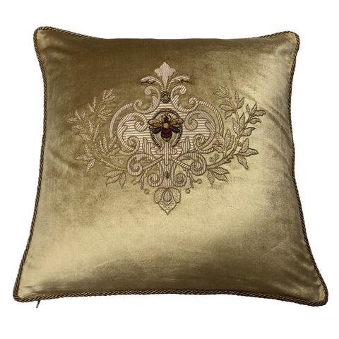 Embroidered Bee Wreath Cushion - Gold